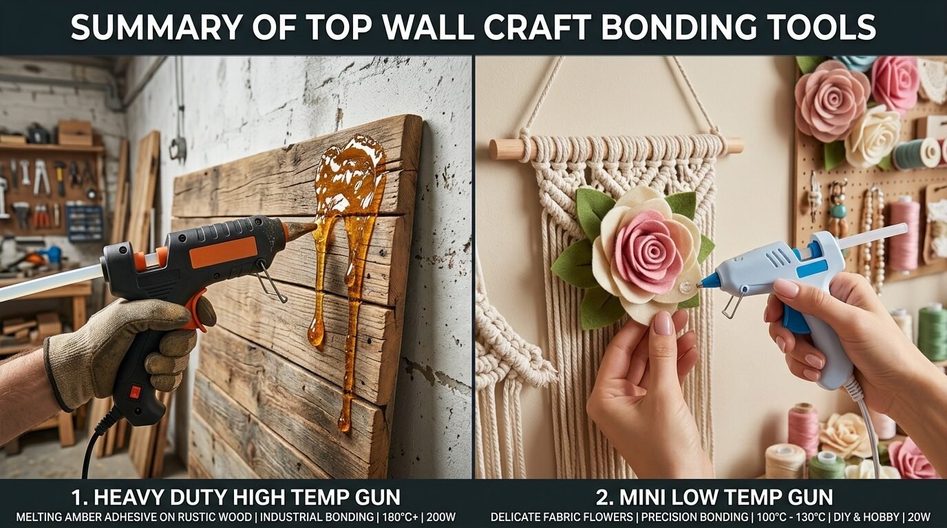 Split screen showing a heavy duty glue gun on rustic wood versus a mini gun attaching a felt flower to macrame.
