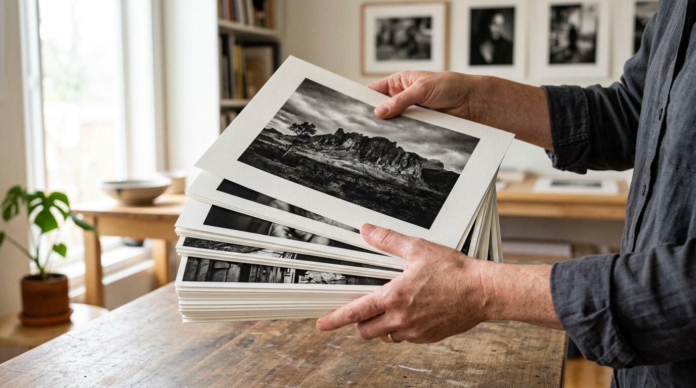 Close up of person's hands holding several matted monochrome landscape photographs in a studio.
