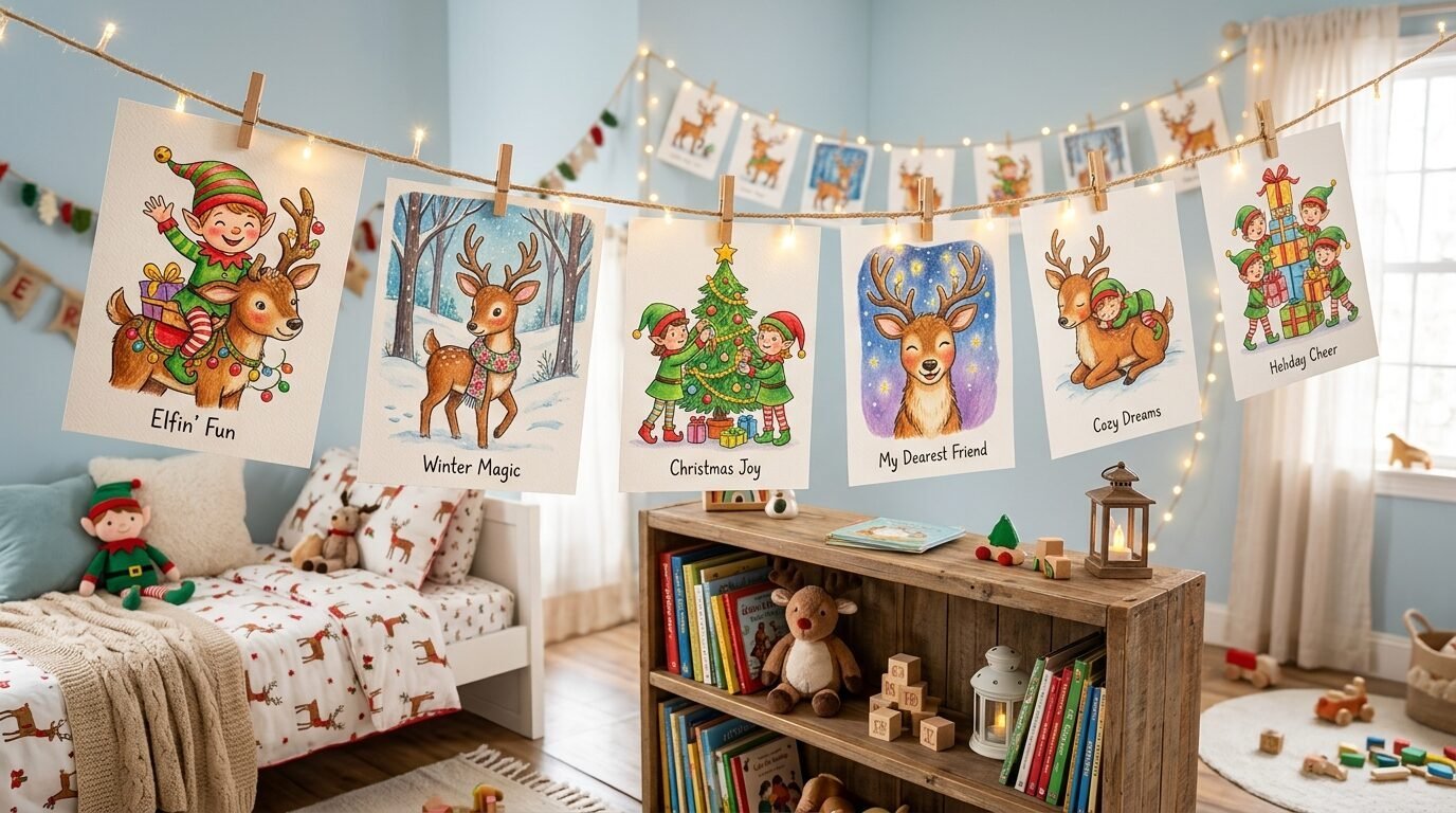 Colorful holiday drawings of reindeer and elves clipped to a glowing string light banner in a child bedroom.