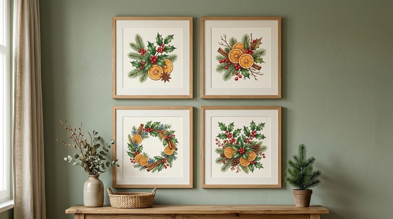 A gallery wall arrangement of four festive prints featuring dried oranges, holly, and cinnamon sticks in wood frames.