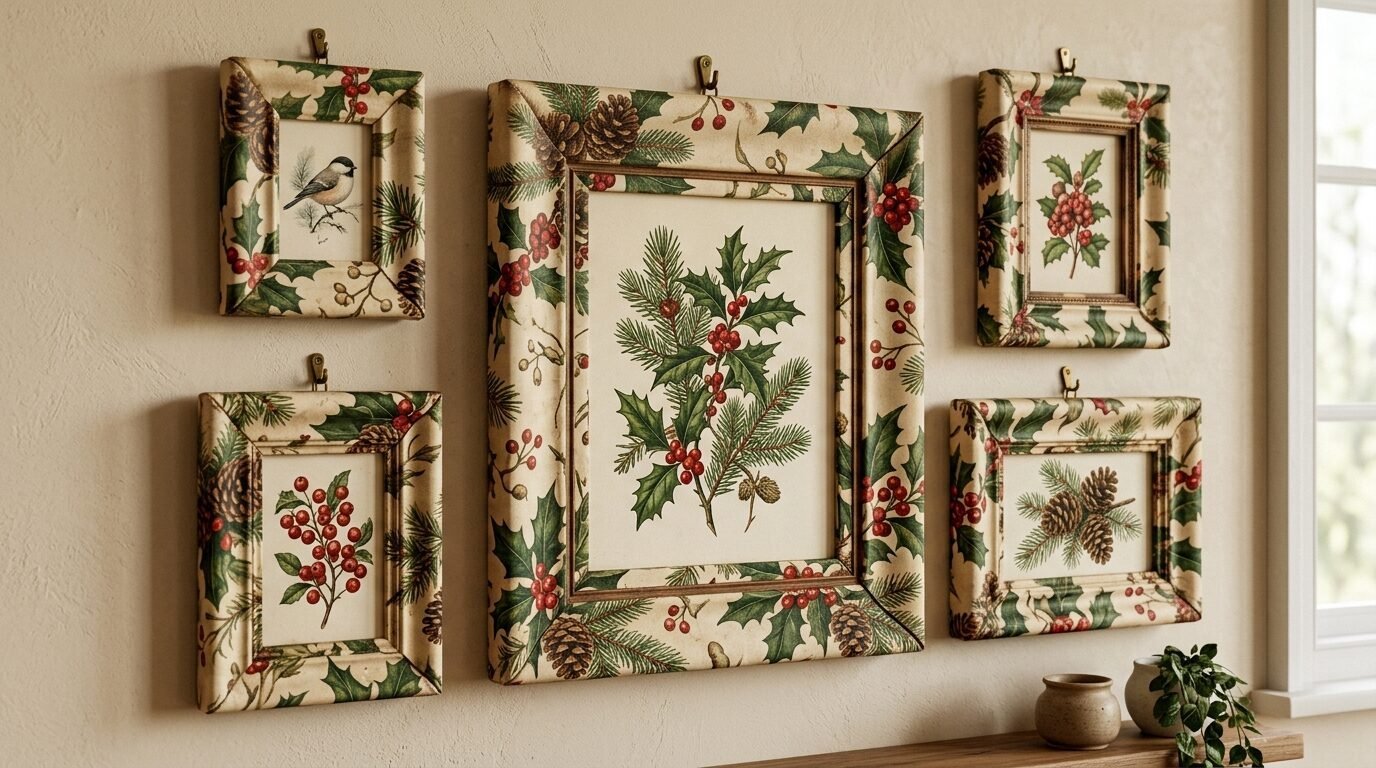 A gallery wall arrangement of five frames decorated with Christmas botanical patterns on a beige wall.