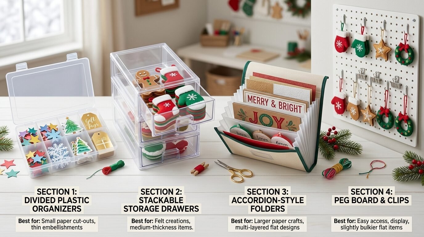 A tabletop display showing four craft organization methods including plastic bins, drawers, folders, and a wall pegboard.