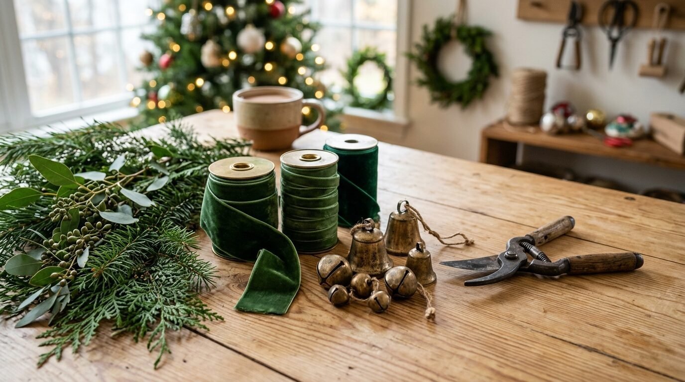Spools of green velvet ribbon, metal bells, and pruning shears on a wooden surface with a Christmas tree background.