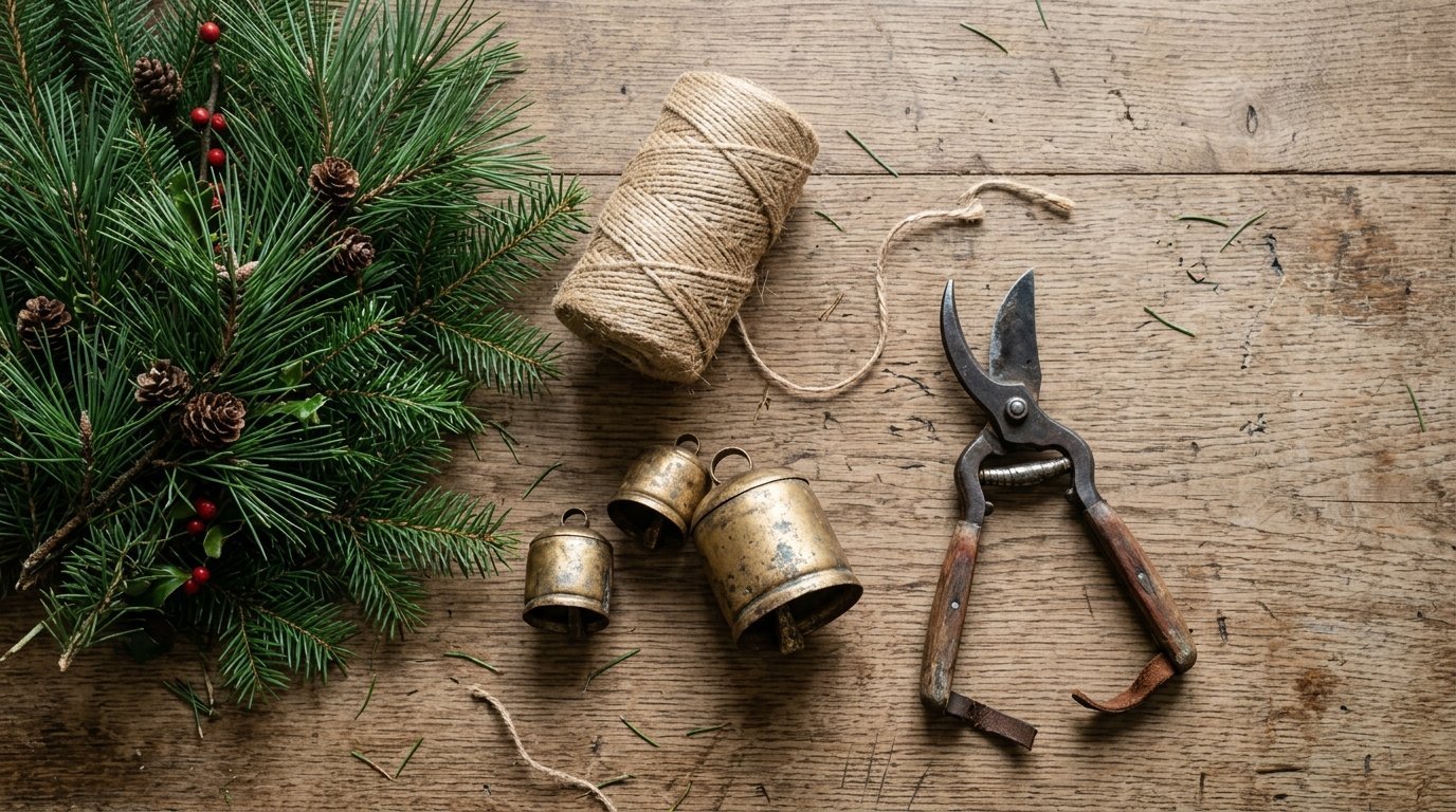 Pine branches, brass bells, twine, and garden shears arranged for Christmas crafting on a wood table.