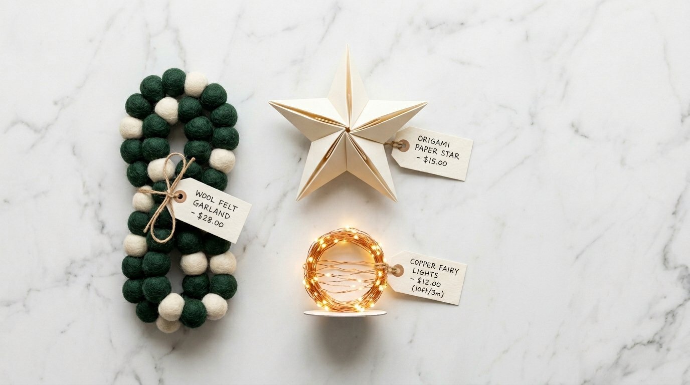 Wool felt garland, folded paper star, and coiled fairy lights with pricing tags on white marble.