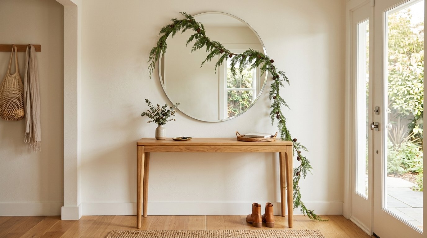 Round mirror draped with greenery sits above a light wood console table in a bright home entryway.