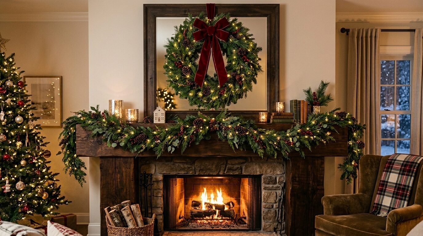 A glowing Christmas wreath hangs over a cozy fireplace mantle decorated with pine branches, fairy lights, and candles.