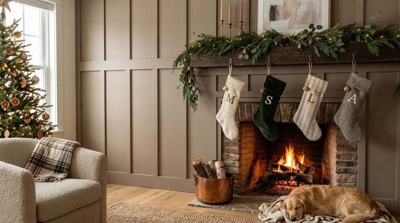 A golden retriever sleeps in front of a stone fireplace decorated with stockings and greenery for the holidays.