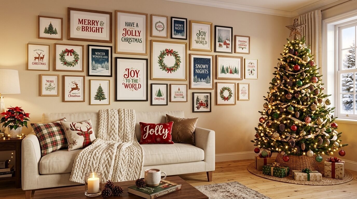 Cream sofa with holiday pillows beside a Christmas tree and a wall filled with festive framed prints.