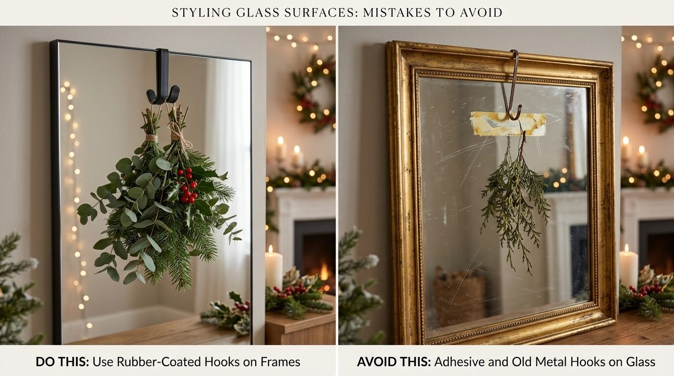 A comparison showing a rubber-coated over-mirror hook versus a damaging adhesive tape hook on glass.