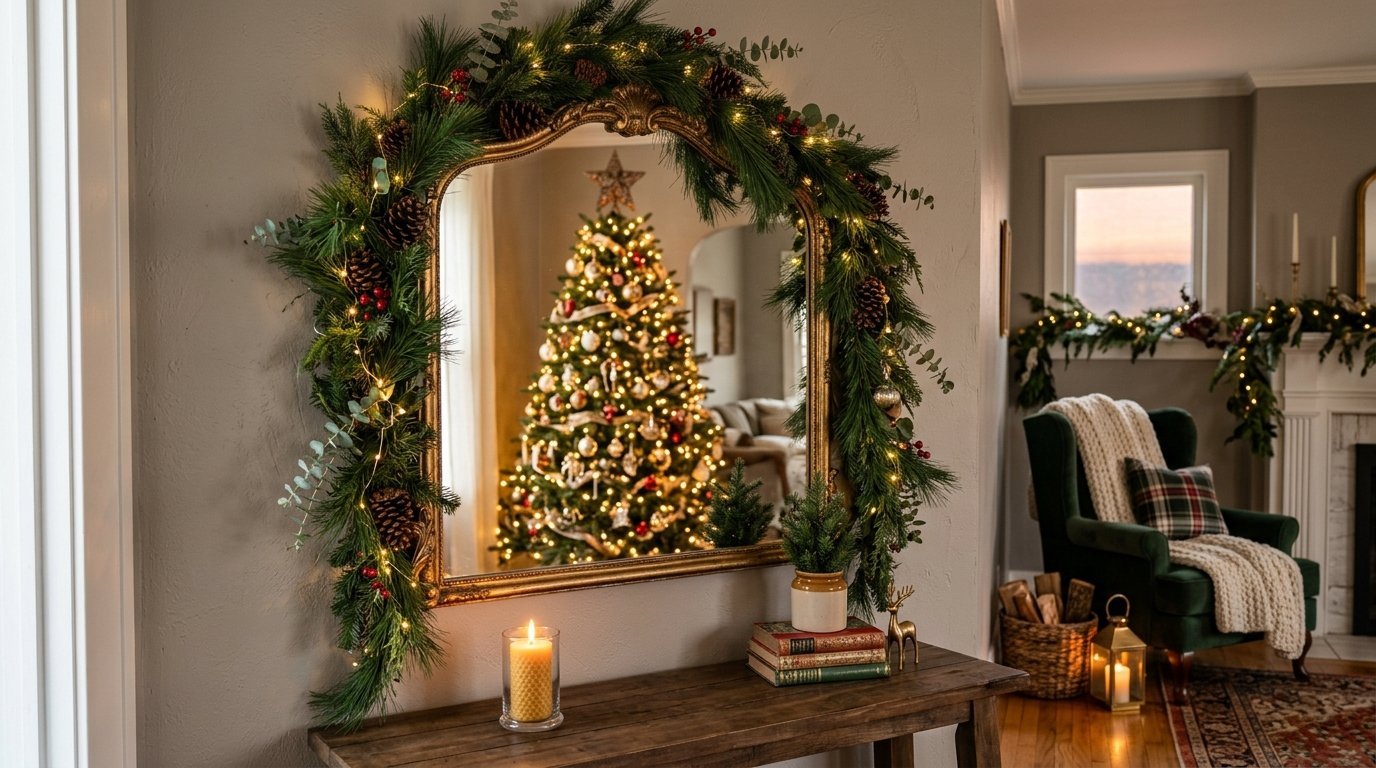 A gold-framed mirror draped with pine garland reflects a decorated Christmas tree in a cozy living room.