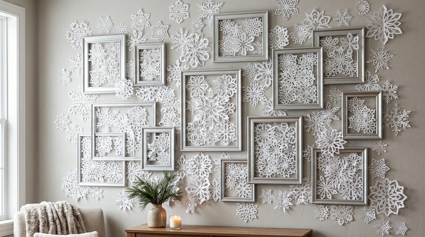 Silver picture frames hanging on a beige wall filled with intricate handmade white paper snowflake cutouts.