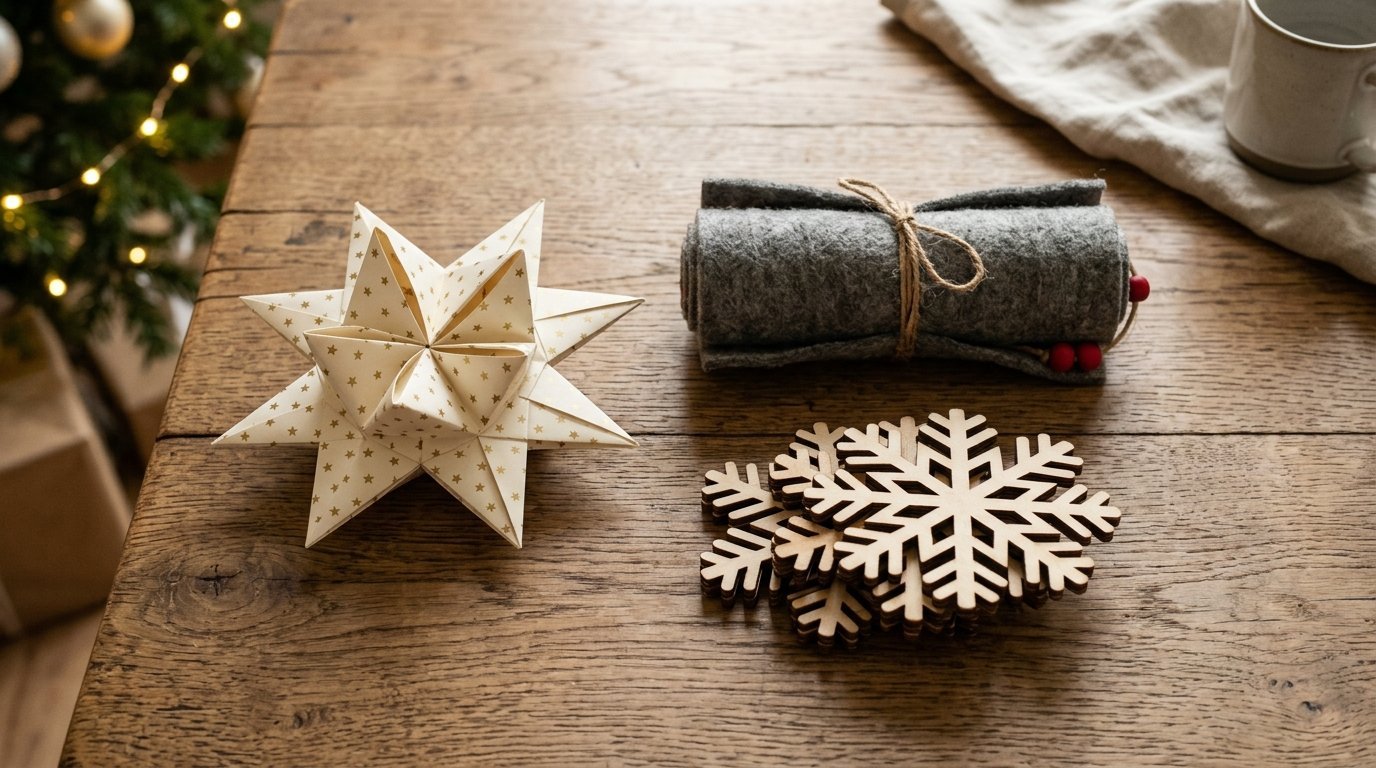 A paper star ornament and stack of wooden snowflakes with a grey felt roll on a wooden table.