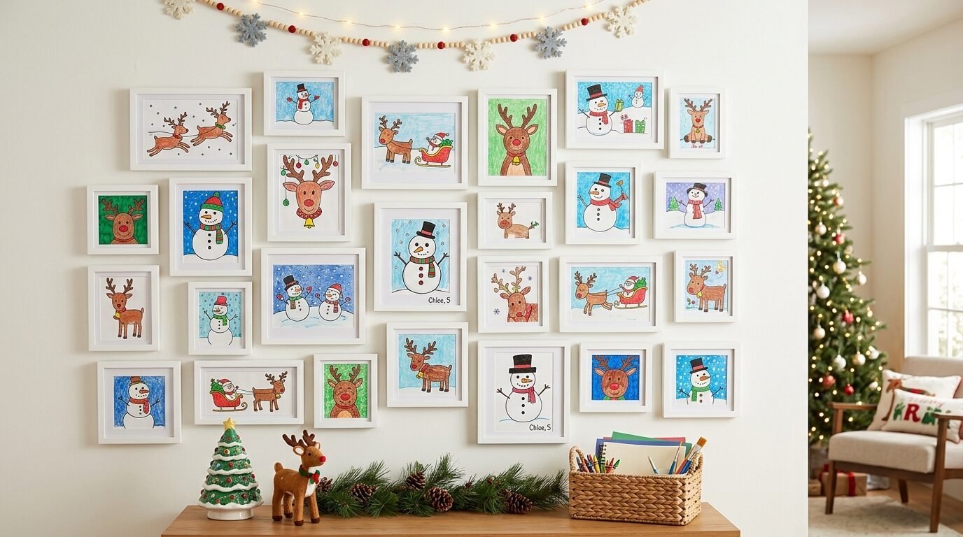 White picture frames displaying crayon sketches of snowmen and reindeer hung in a cluster on a living room wall.