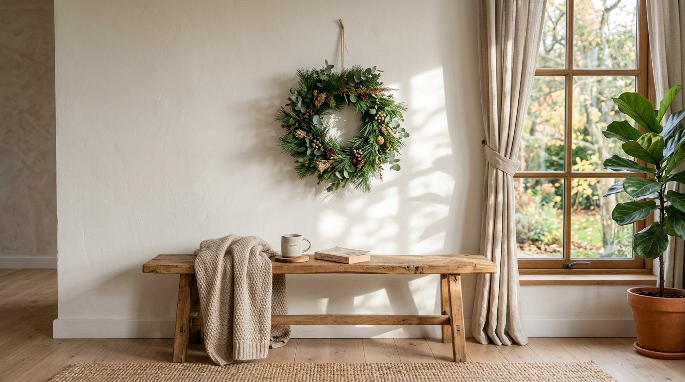 Rustic wooden bench with a knitted throw, coffee mug, and book below a Christmas wreath on a plain white wall.