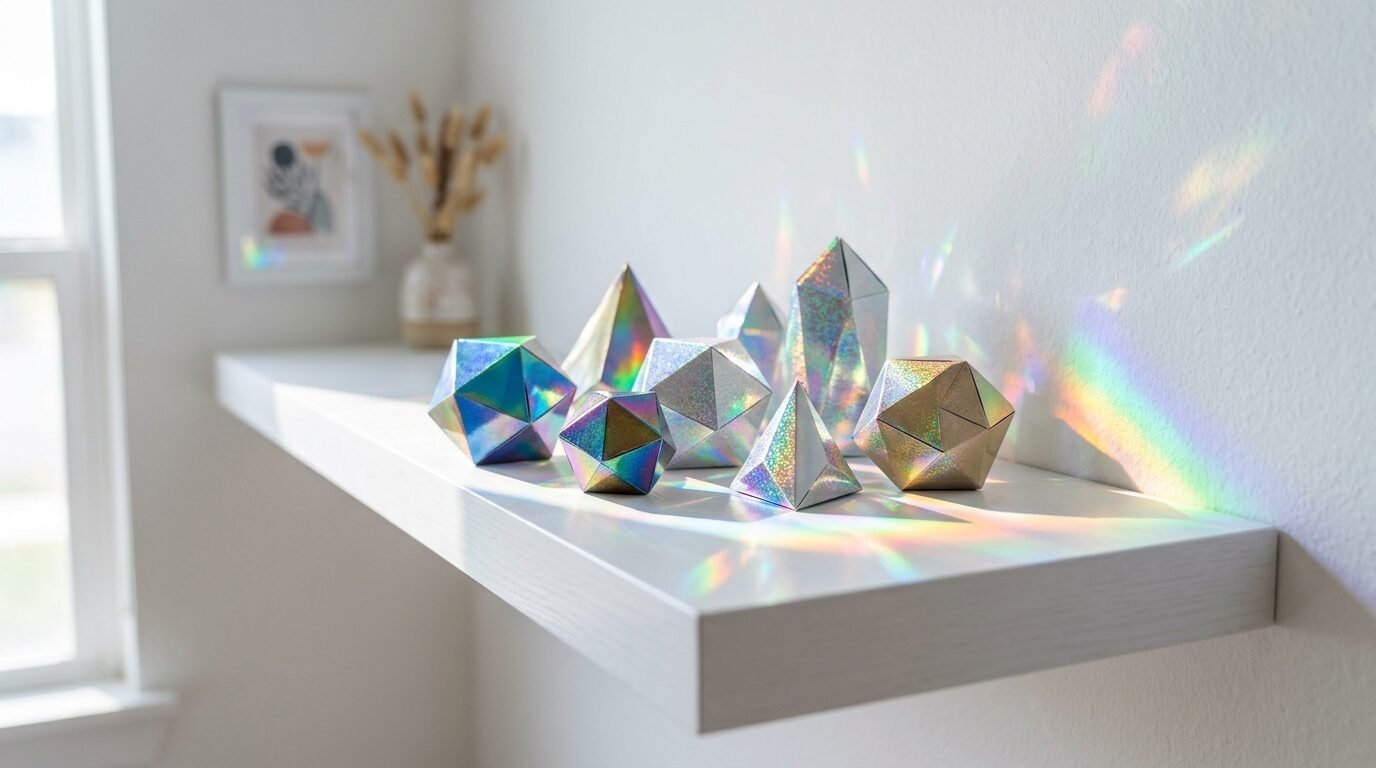 Collection of shiny geometric paper figures reflecting vibrant rainbow light patterns on a floating ledge.