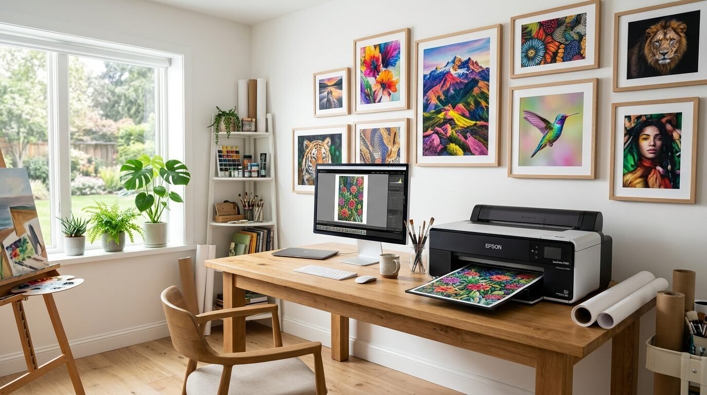 Wooden desk with computer and inkjet printer in a sunlit art studio with wall gallery.