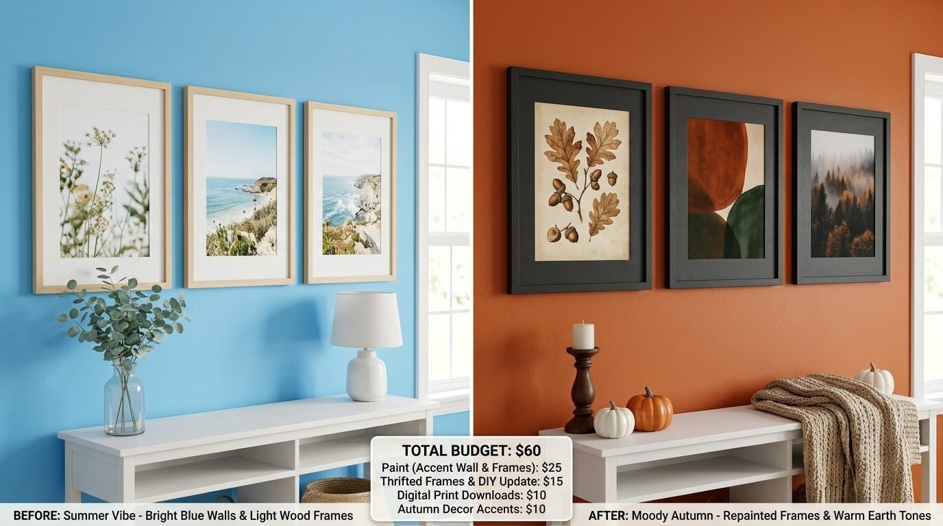 Split screen showing a blue wall with light wood frames compared to an orange wall with dark frames and fall decor.