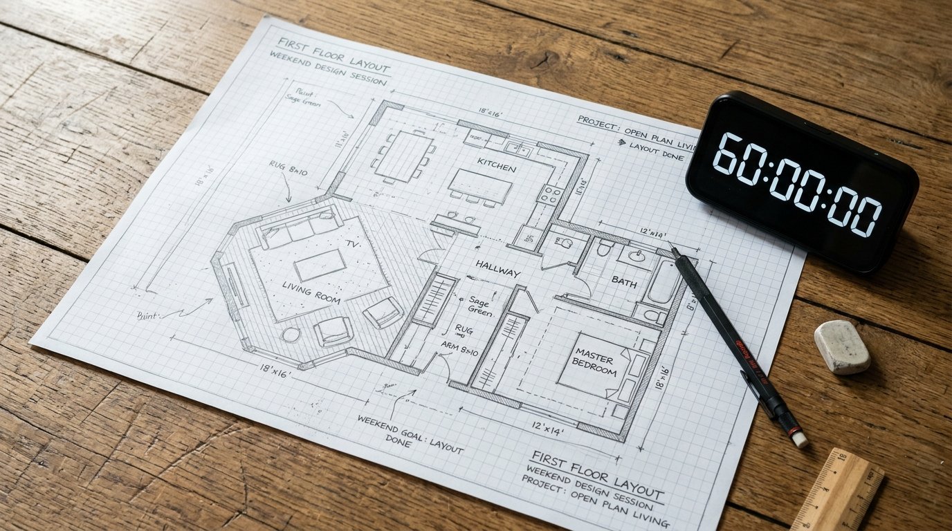 A technical house blueprint with labels sits beside a digital timer, mechanical pencil, and eraser.