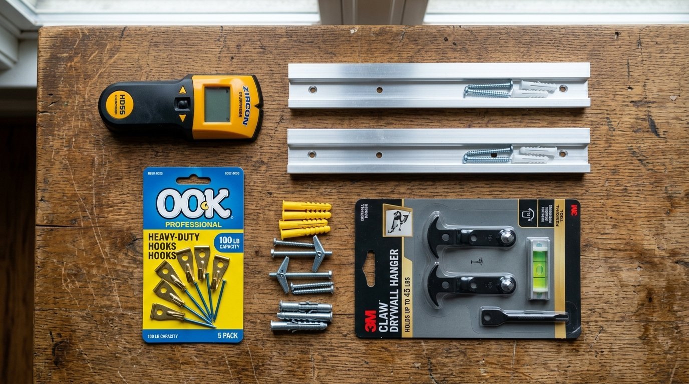 Top-down view of metal wall brackets, 3M claw hangers, Ook hooks, and a yellow Zircon stud finder on a wooden surface.