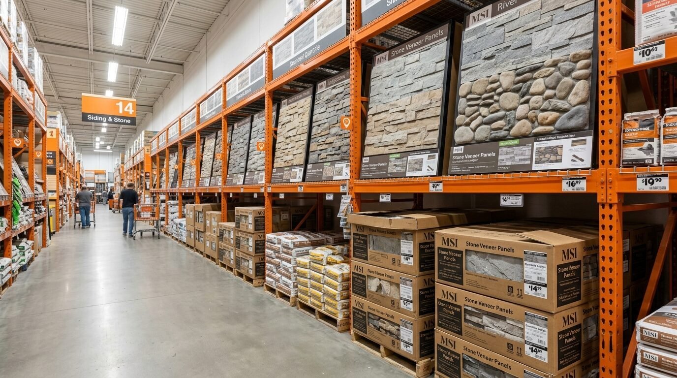 Retail shelving units filled with MSI stone veneer panel samples and boxed inventory in a home improvement store.