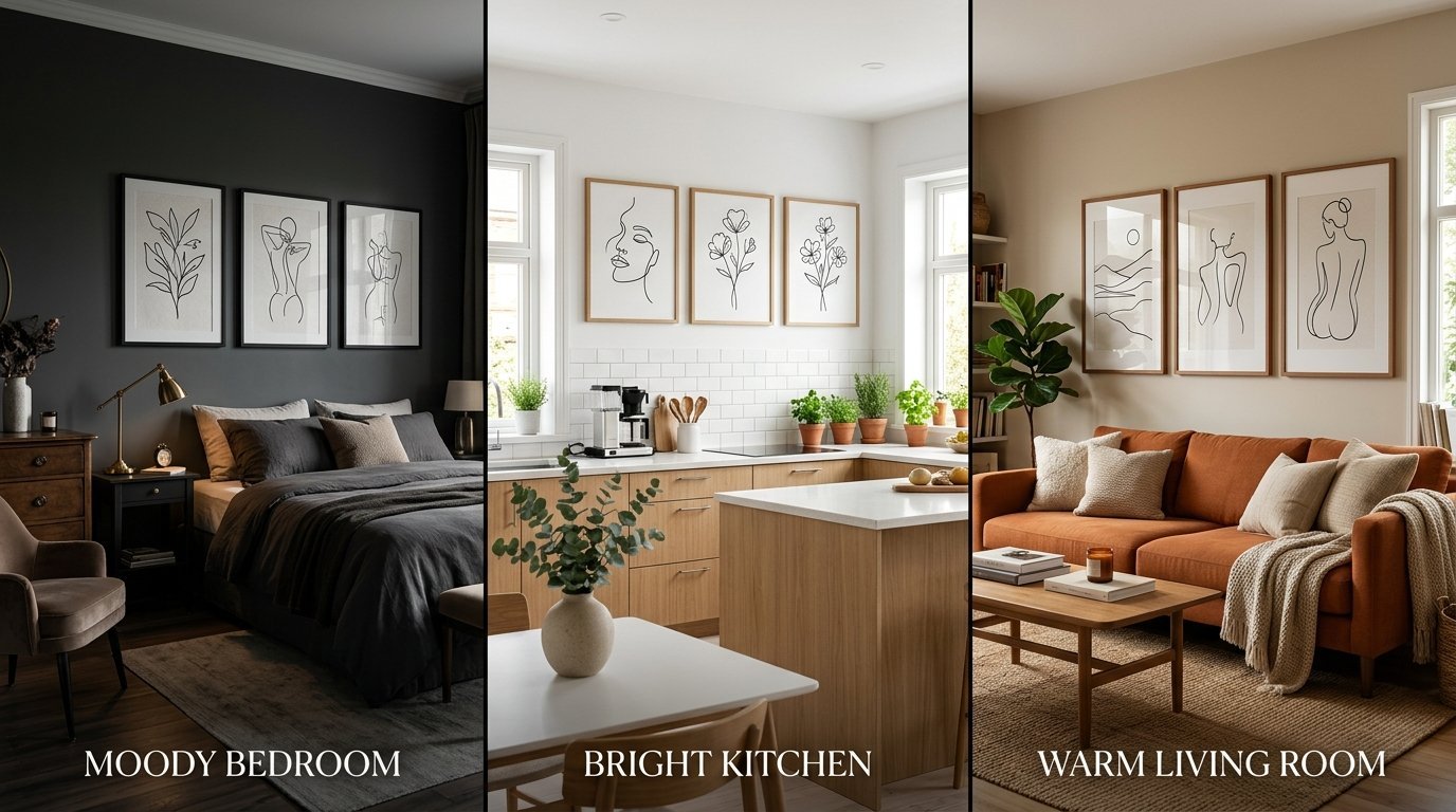 Collage showing a dark moody bedroom, bright wooden kitchen, and warm orange living room with line art prints.