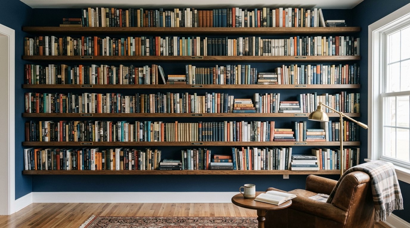 A leather armchair and side table in front of a wall-to-wall library filled with numerous books.