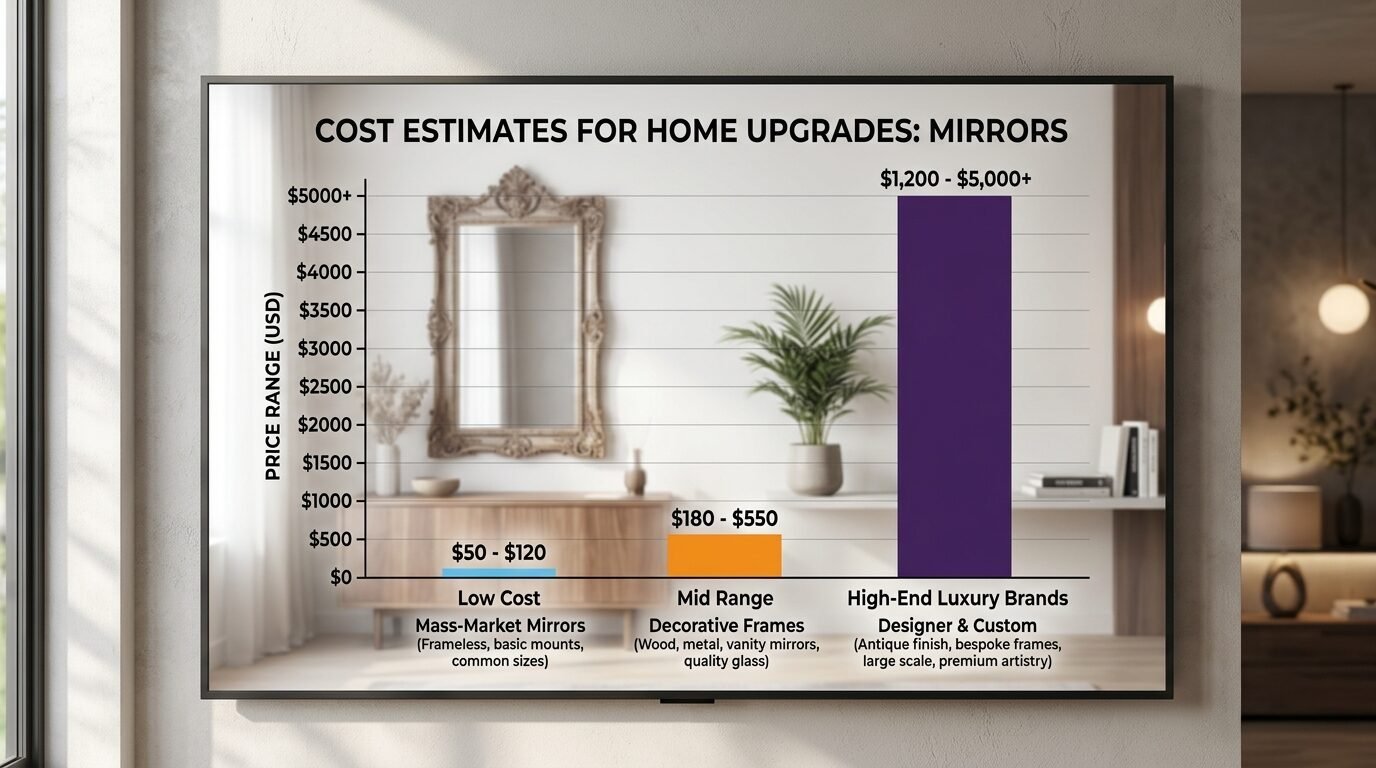 A bar graph comparing price ranges for low-cost, mid-range, and luxury designer home mirrors.
