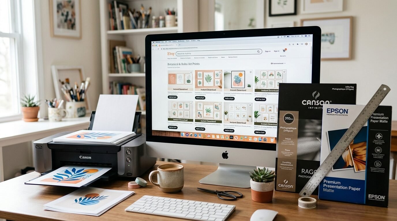 A desk with an iMac, Canon printer, art paper packs, and printed botanical graphics on professional paper.