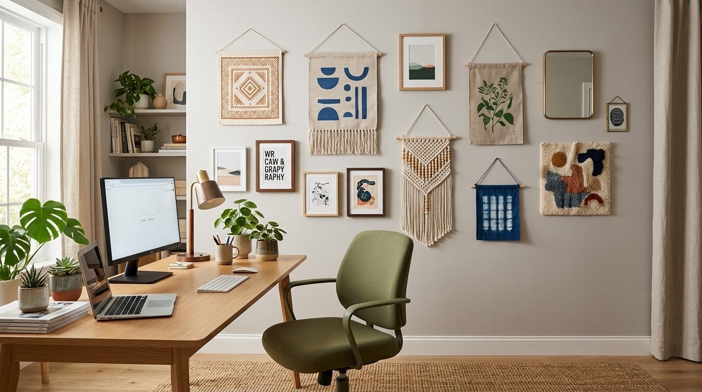 Wooden desk with computer and chair against a wall decorated with various framed art prints and hanging fabric tapestries.