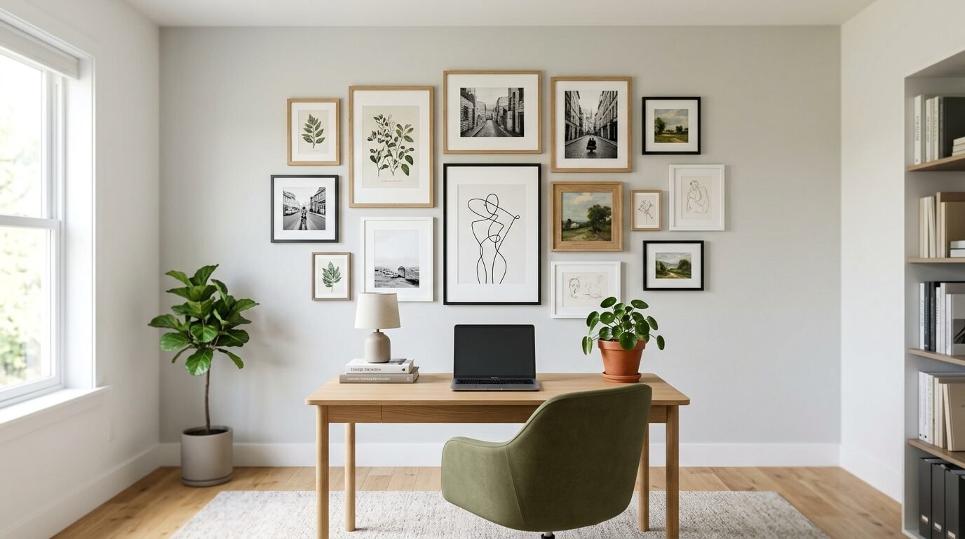 Modern workspace with a laptop on a wooden desk against a wall covered in various framed art prints and photography.