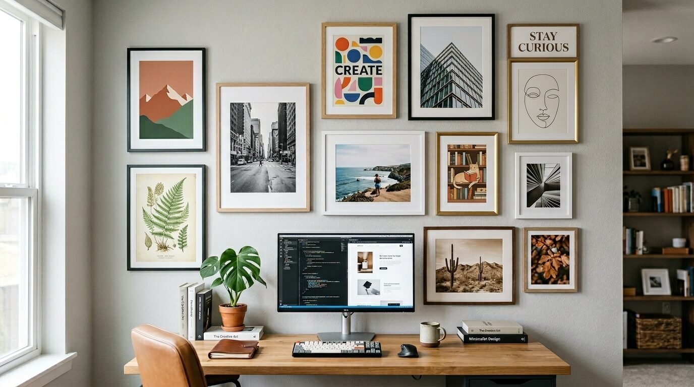 A wooden desk with a computer monitor and keyboard positioned under a gallery wall of various framed landscape prints.