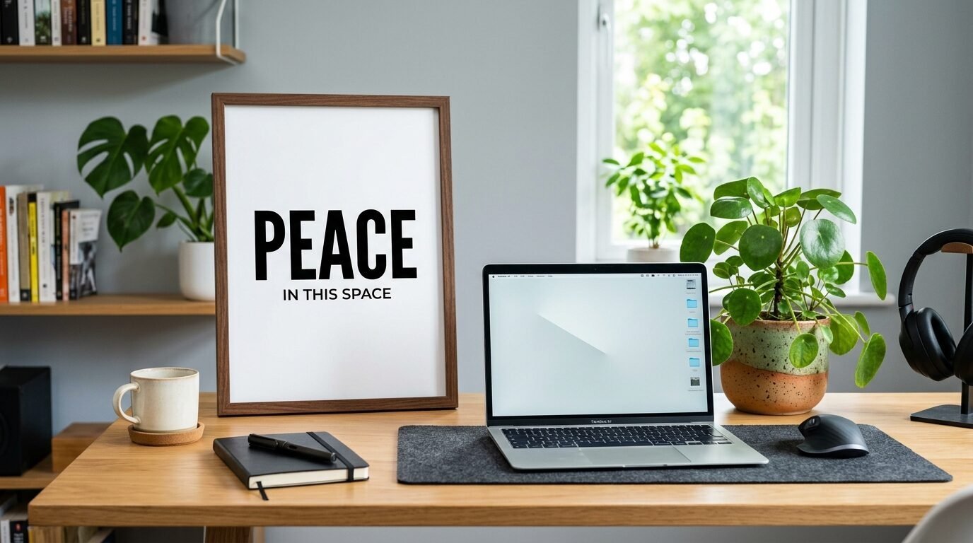 Modern wooden desk with a framed peace sign, laptop, notebook, and a potted plant.