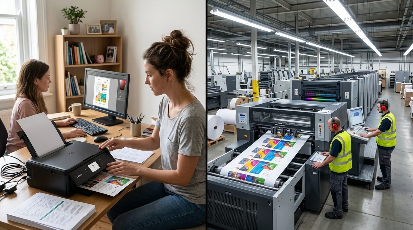 Split screen image showing designers with a desktop printer on the left and technicians running a large press on the right.