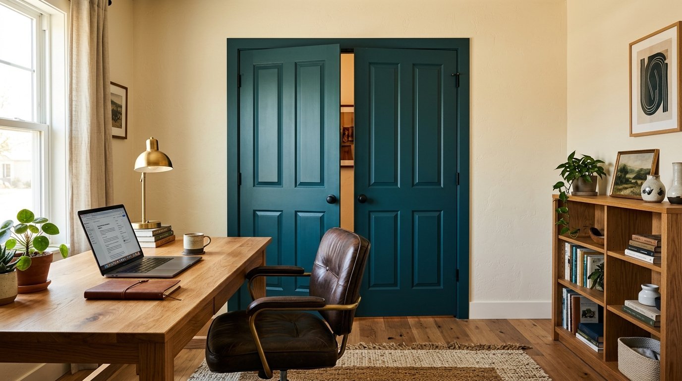 Modern workspace with a laptop on a wooden desk, leather chair, and bold painted double doors.