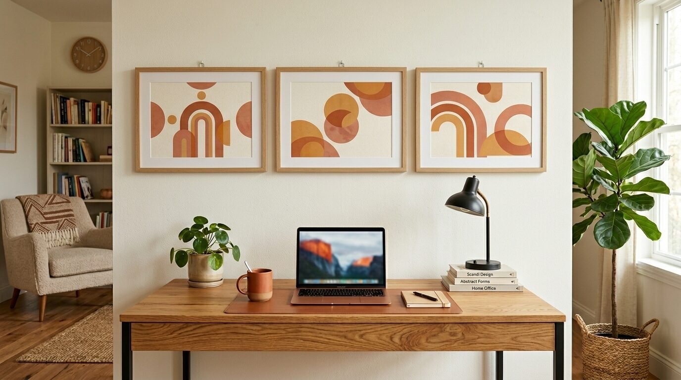 A wooden desk with a laptop, plant, and lamp, below three framed abstract art pieces on a cream wall.
