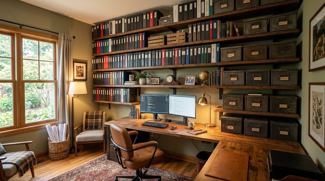 Dual computer screens on a wooden desk inside a home office filled with books, binders, and storage boxes.
