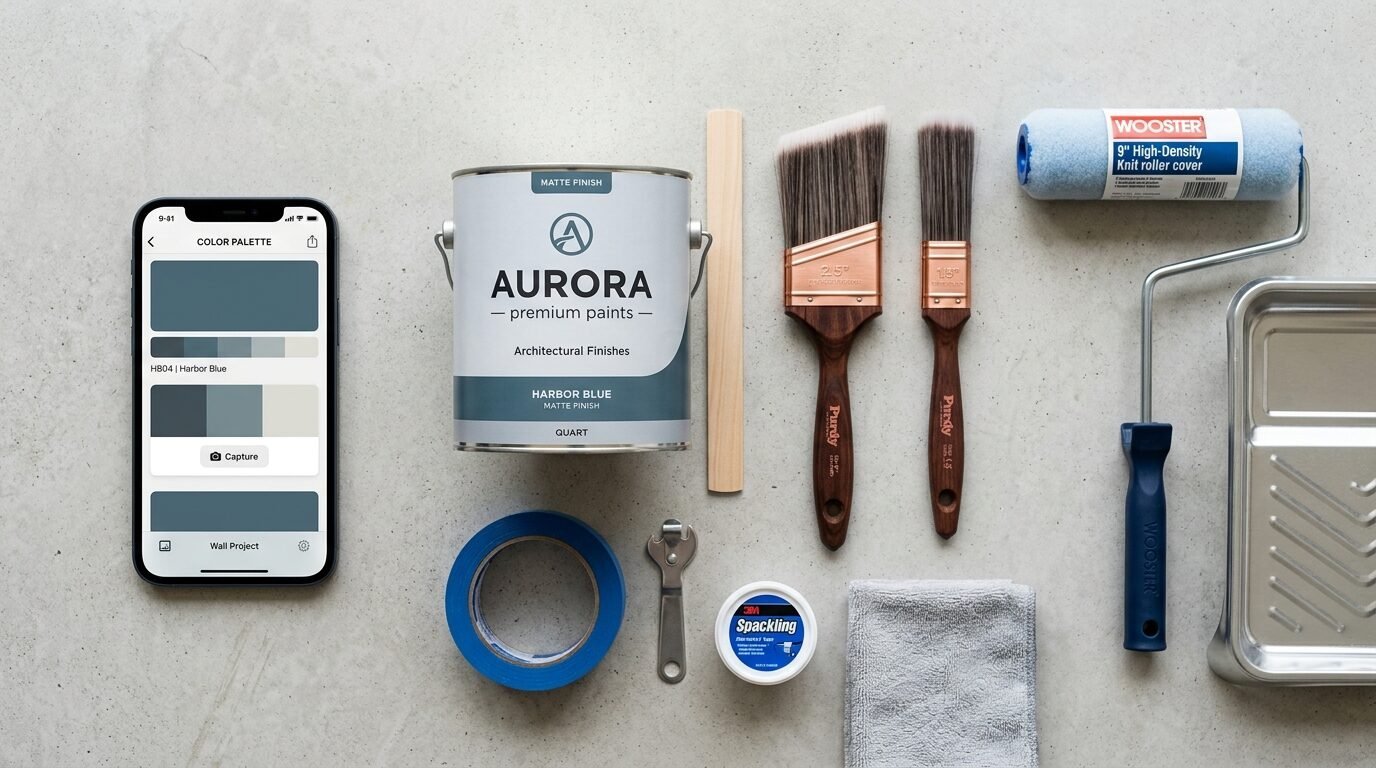 A smartphone showing a color app next to Aurora paint, brushes, a roller, tape, and tools on a concrete surface.