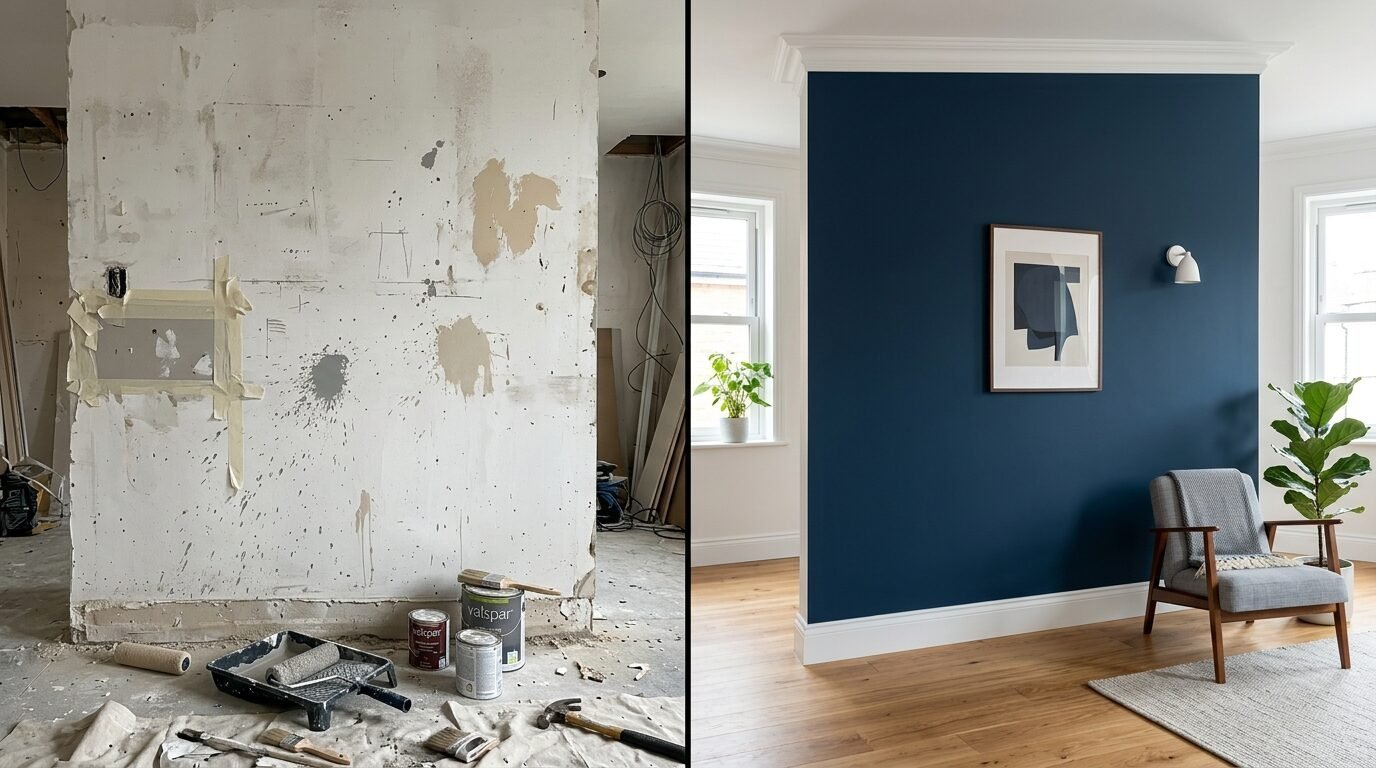 Before and after comparison of a messy interior wall renovation finished with deep blue paint and modern furniture.