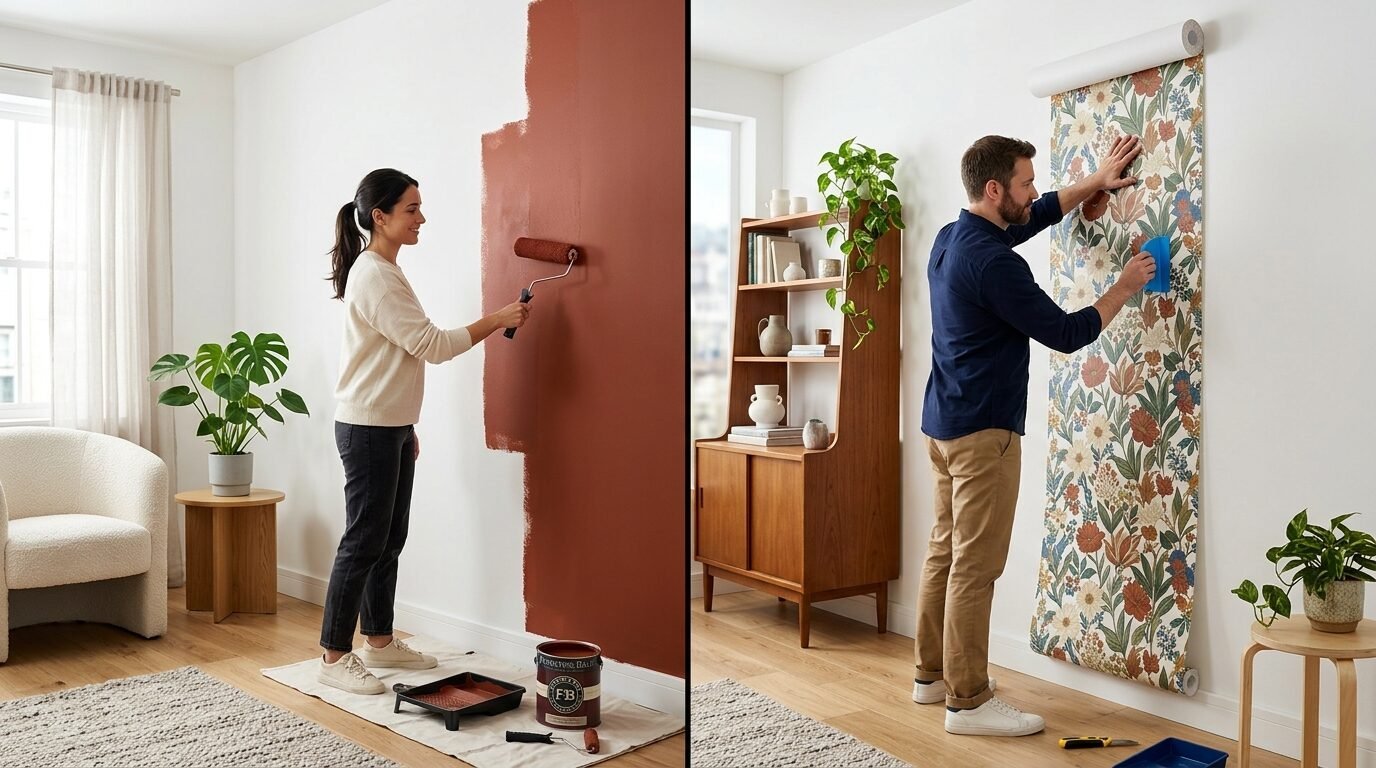 A woman paints a wall with terracotta paint while a man hangs floral wallpaper in a modern home.