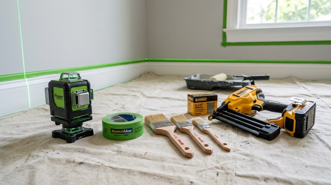 Green laser level, painter's tape, brushes, and a Dewalt nail gun on a canvas drop cloth in a room.