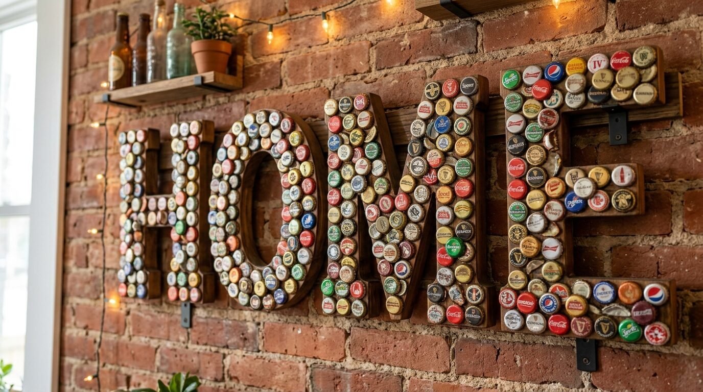 Wooden home sign decorated with colorful metal soda and beer bottle caps mounted on an exposed brick wall.