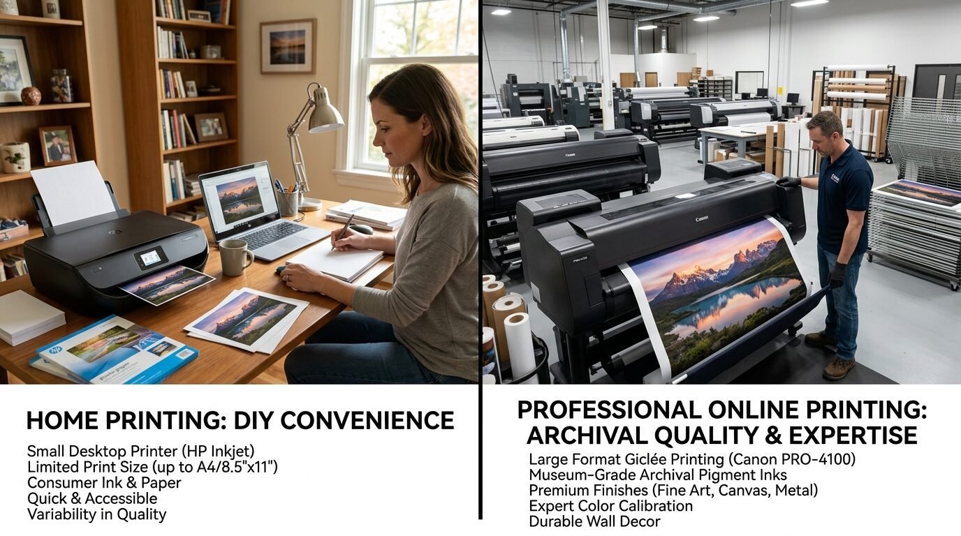 Split screen image showing a woman using a home printer on the left and a professional using large format equipment.