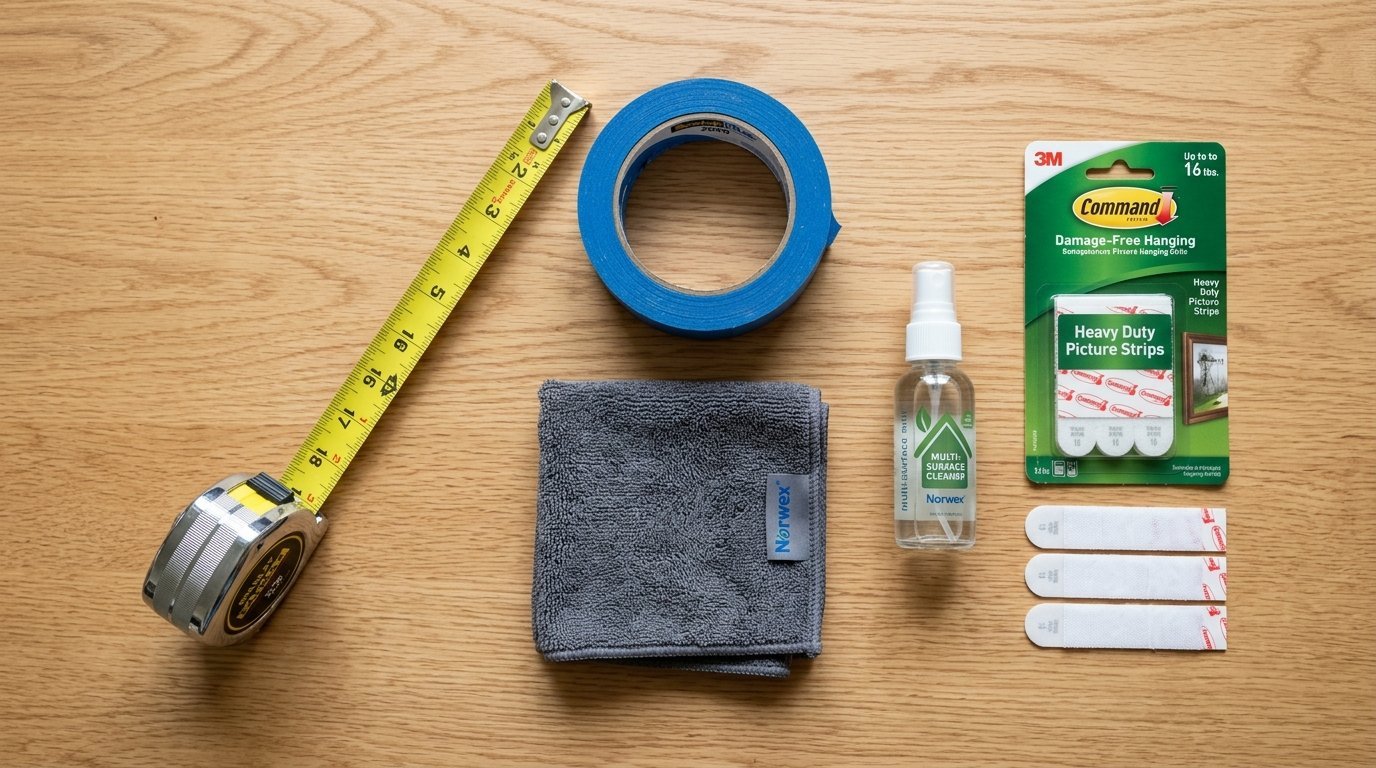 Measuring tape, painter's tape, a grey Norwex cloth, surface cleaner, and 3M Command picture hanging strips.