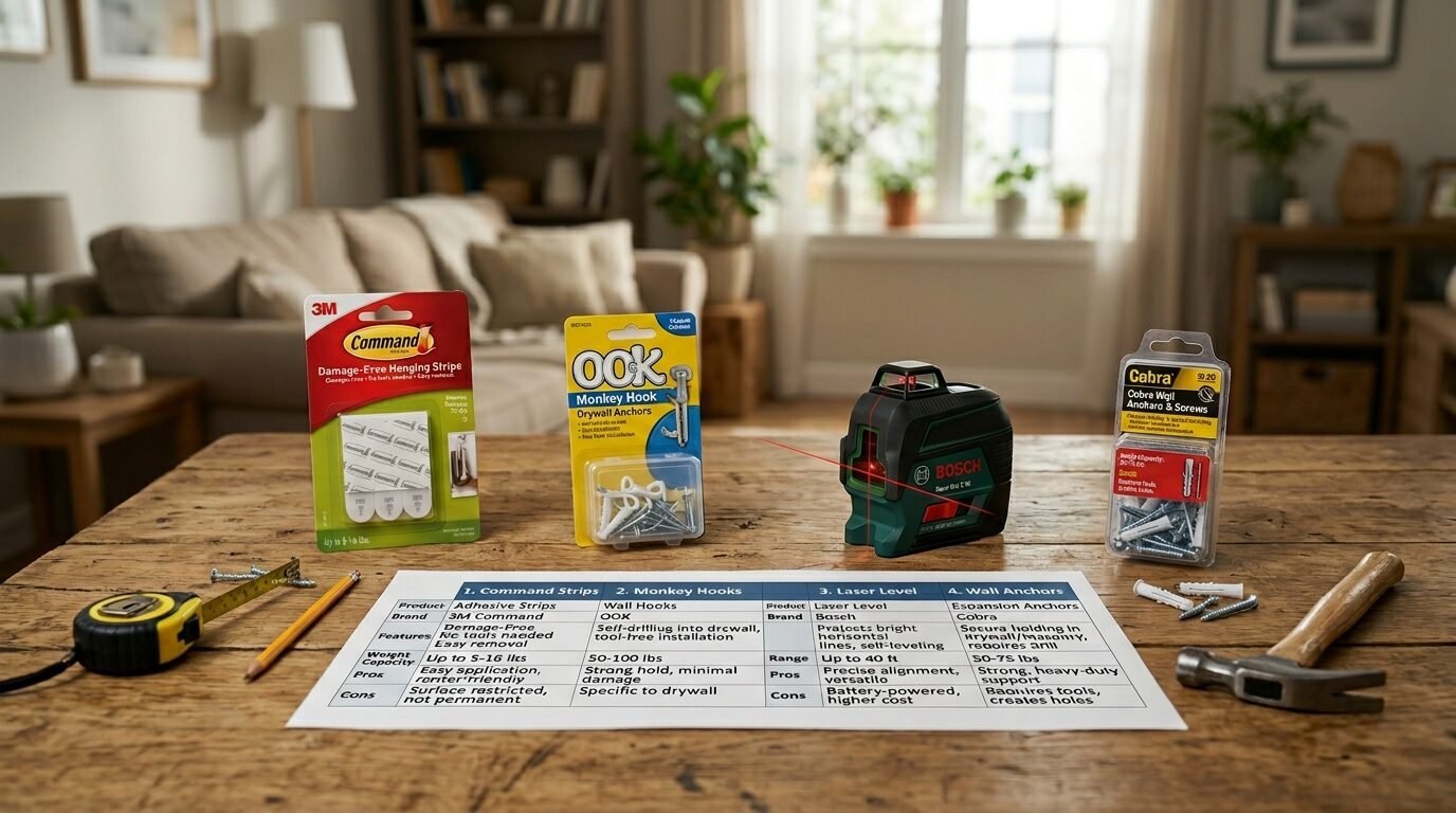 Hardware like Command strips, monkey hooks, a Bosch laser level, and wall anchors on a table with a comparison chart.