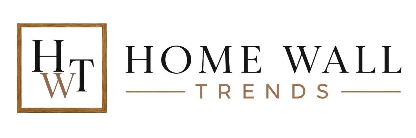 Company logo for Home Wall Trends featuring a square wooden frame surrounding the stacked HWT letters.