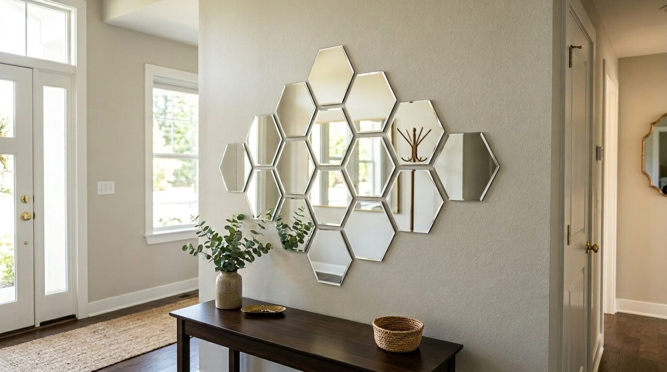 Decorative honeycomb-shaped wall mirrors arranged in a diamond pattern above a hallway table with a vase and basket.