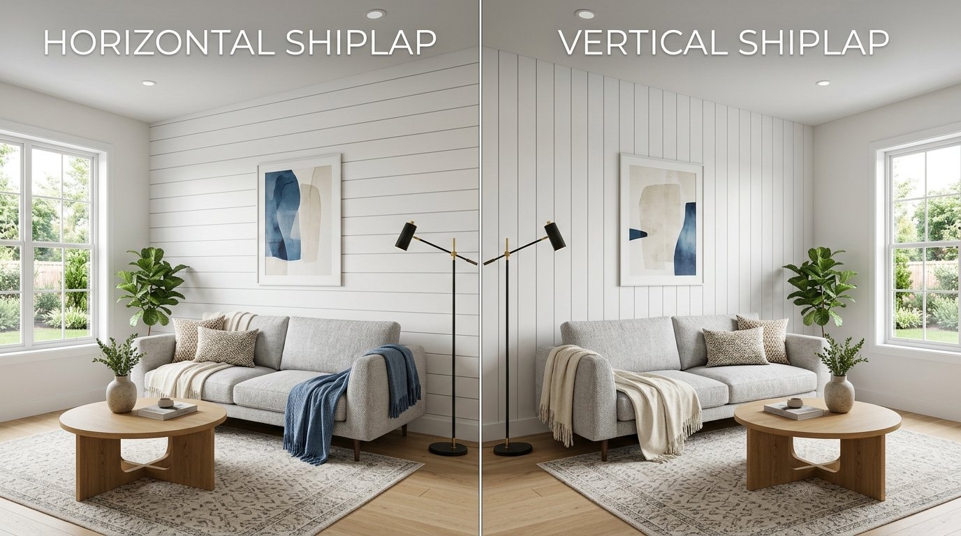 Split screen image comparing horizontal and vertical white shiplap walls in a modern living room setting.