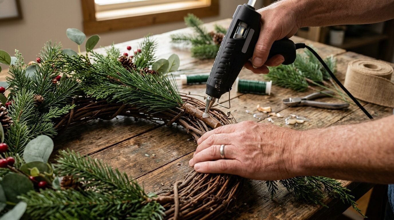 Close-up of hands using a glue gun to attach pine branches and red berries to a grapevine wreath base.