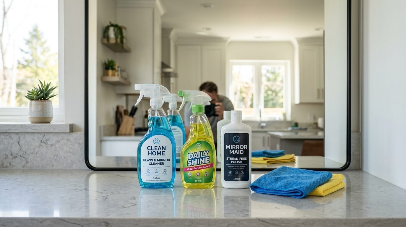 Blue, yellow, and white cleaning spray bottles with microfiber cloths sitting on a marble countertop.